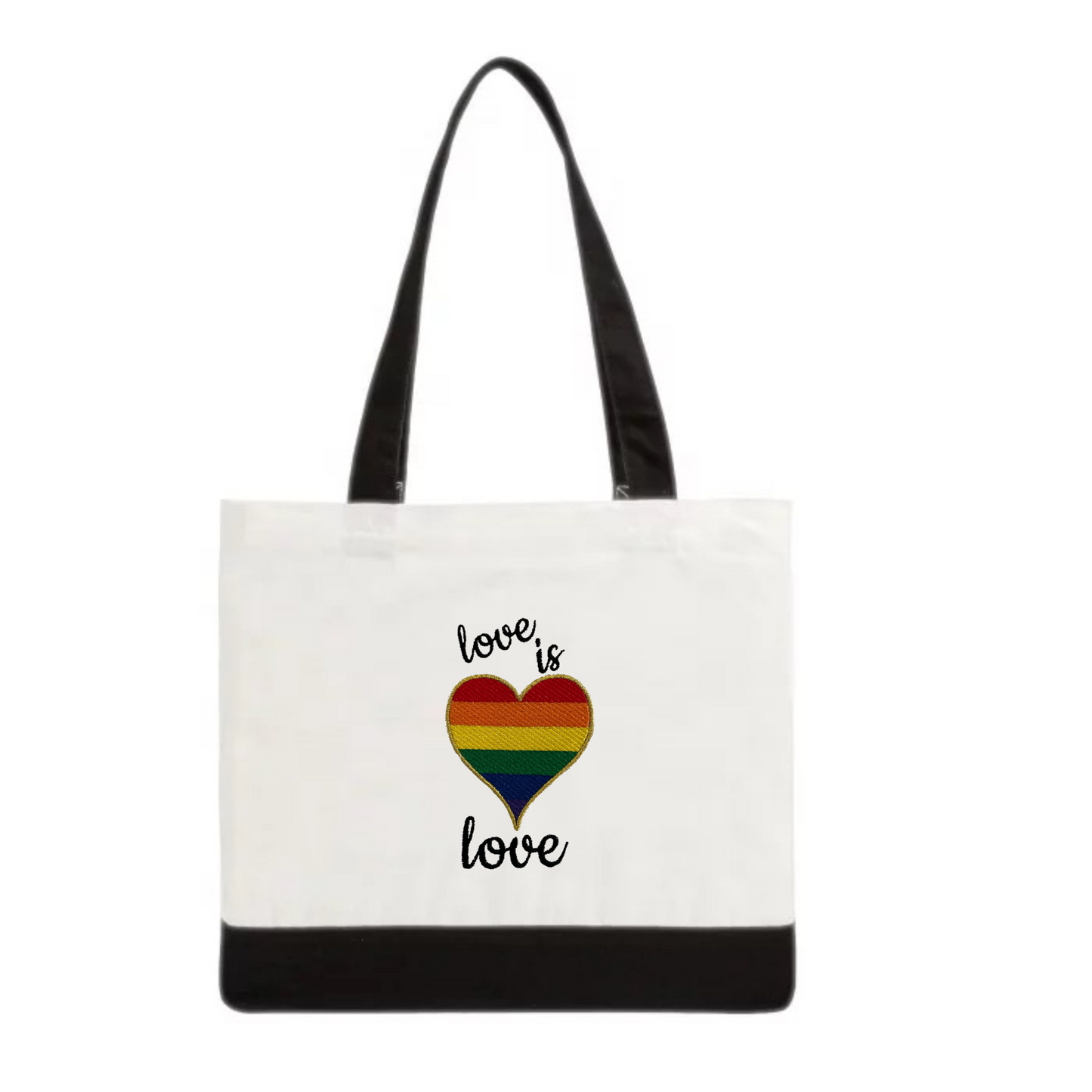 Rainbow Heart Love is Love Pride Embroidered Cotton Canvas Market Bag. Choice of 5 different bags