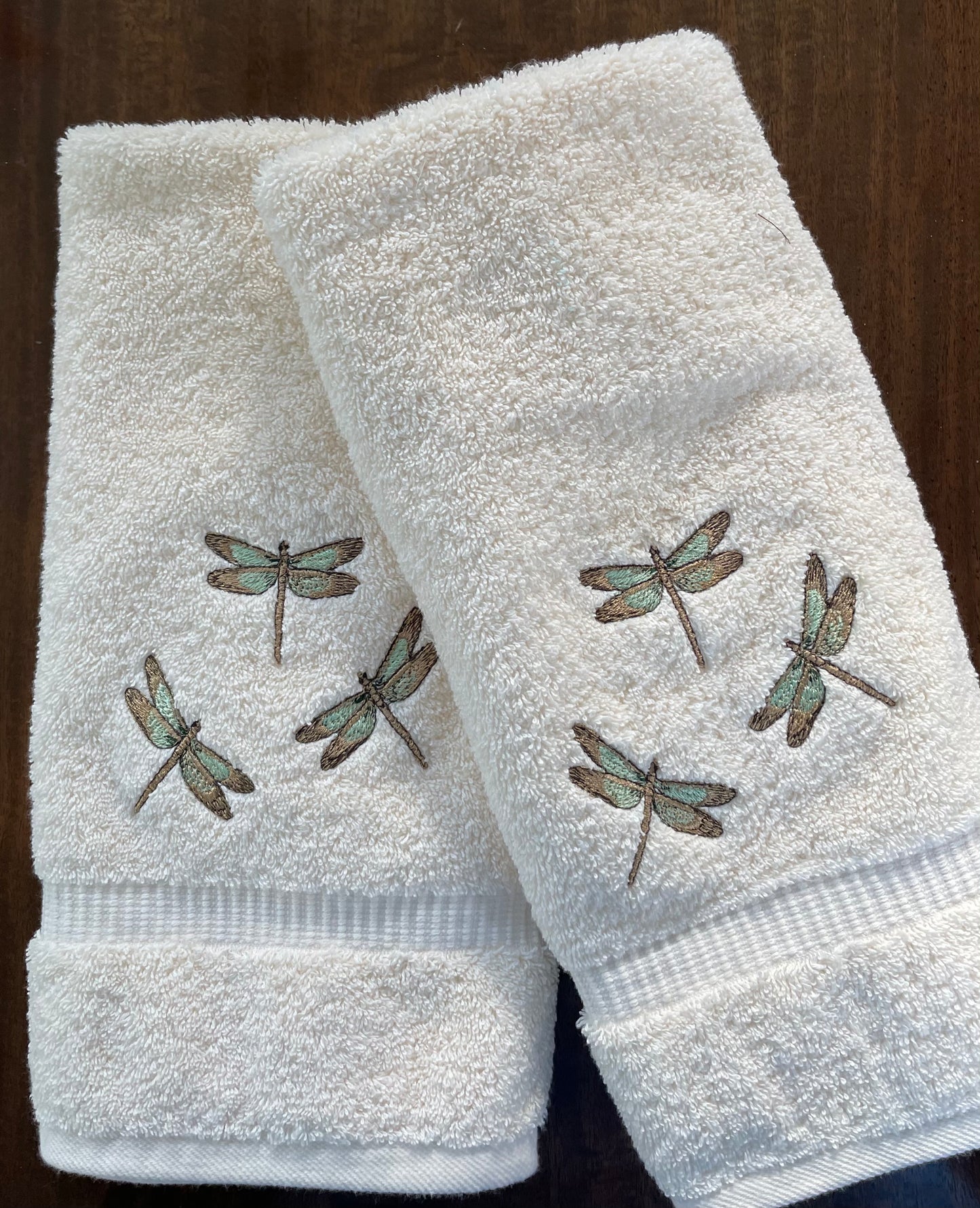 Dragonfly Embroidered Guest Bath Hand Towel. Trio of Dragonflies on Cotton Hand Towel
