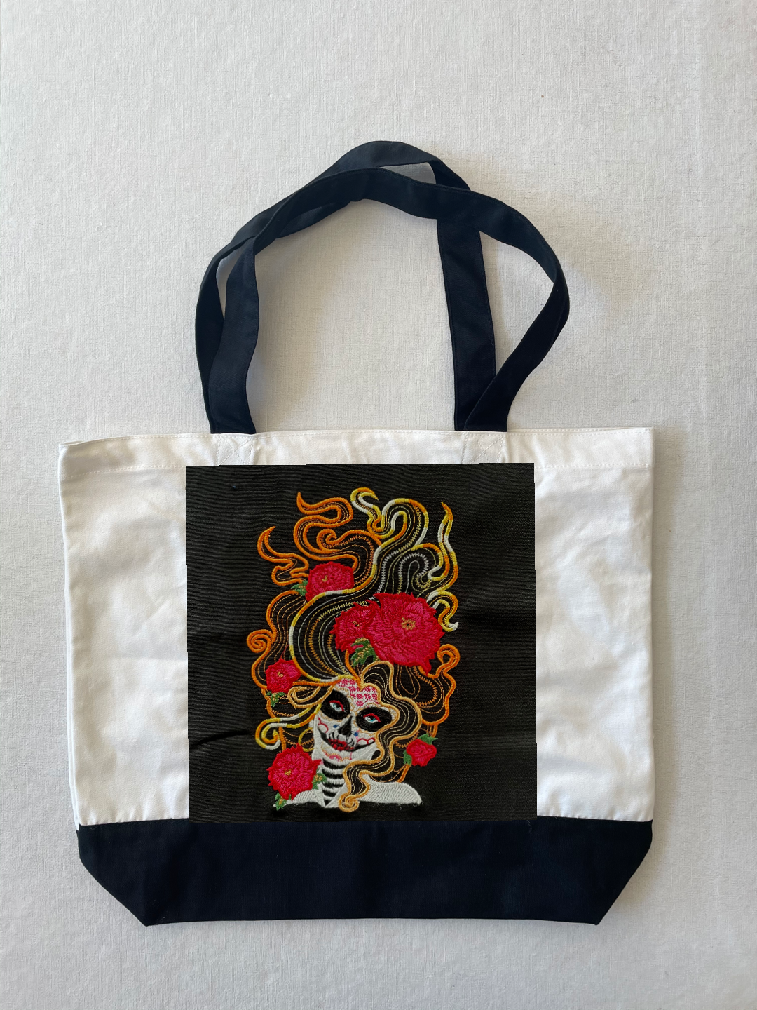 Day of The Dead Embroidered Cotton Canvas Tote Bag with Pocket