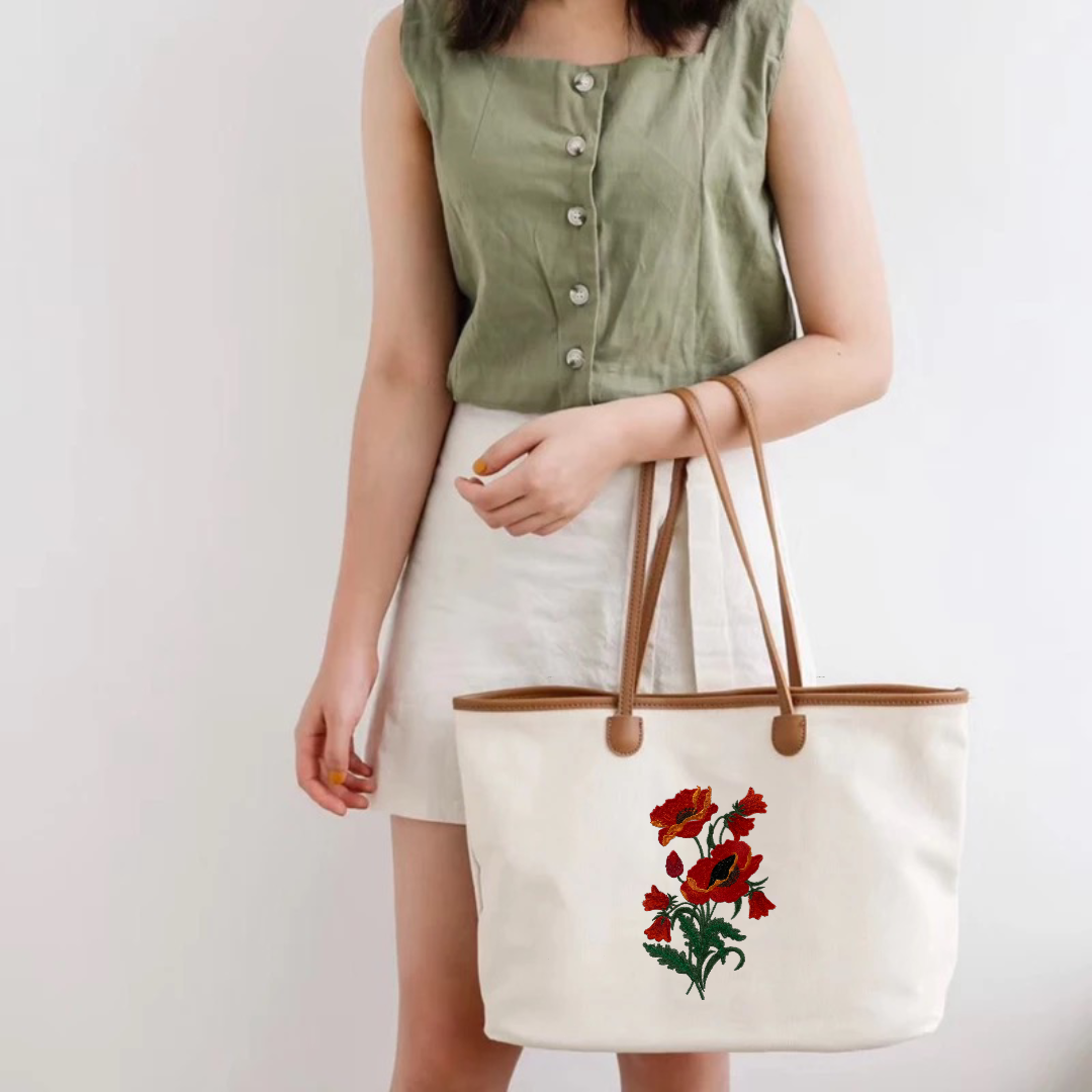 Poppies Embroidered Cotton Canvas Market Bag. Choice of 5 different bags