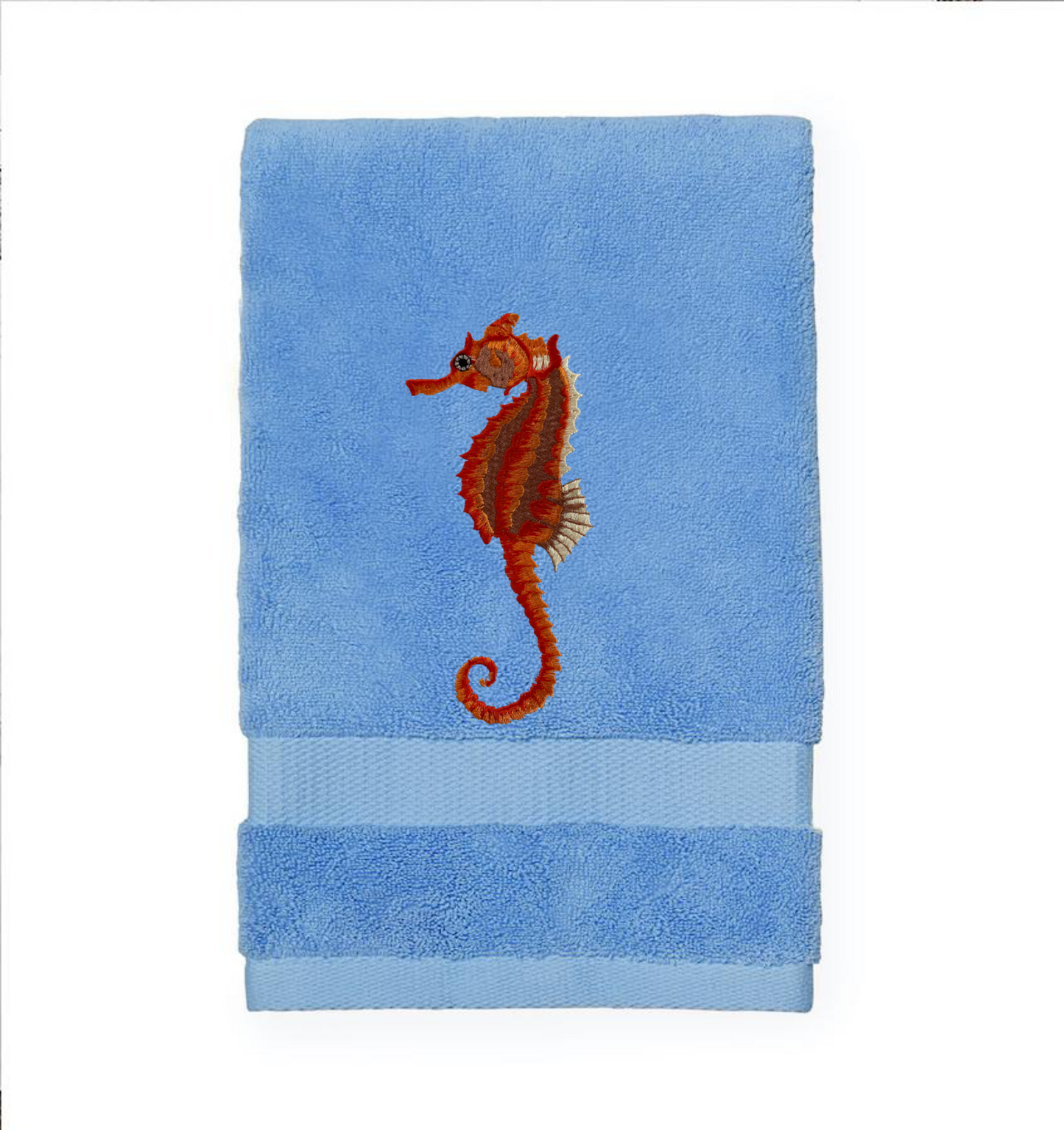 Seahorse Embroidered Bath Hand Towel. Beautifully Detailed Vibrant Orange Shades